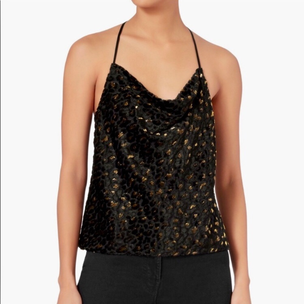 Intermix Gillian Velvet Devore Leopard Print Black Gold Cowl Neck Cami sz.2